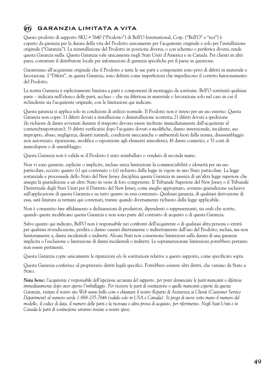 49 garanzia limitata a vita | Bell'O 7640 User Manual | Page 49 / 52