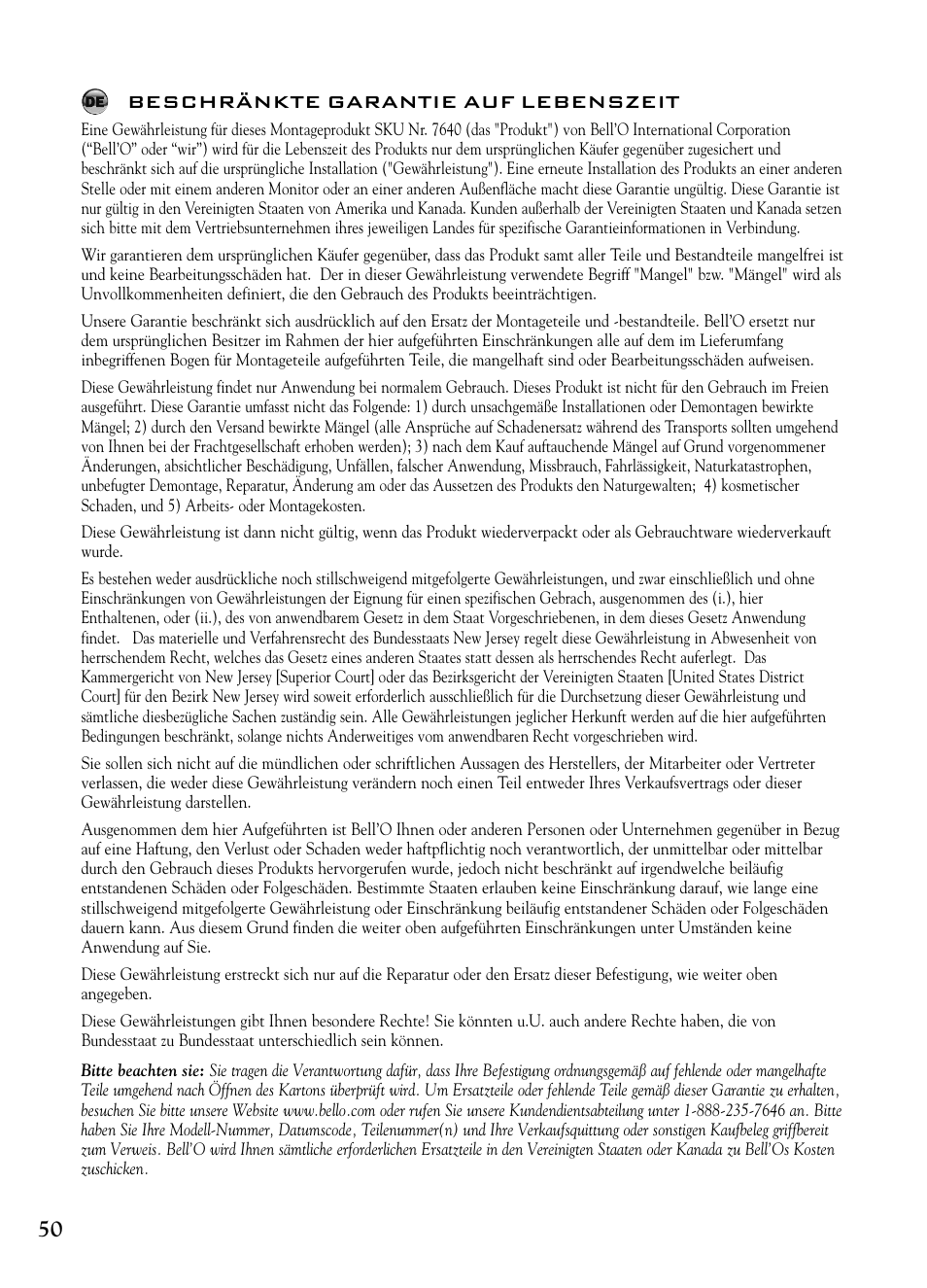 50 beschränkte garantie auf lebenszeit | Bell'O 7640 User Manual | Page 50 / 52