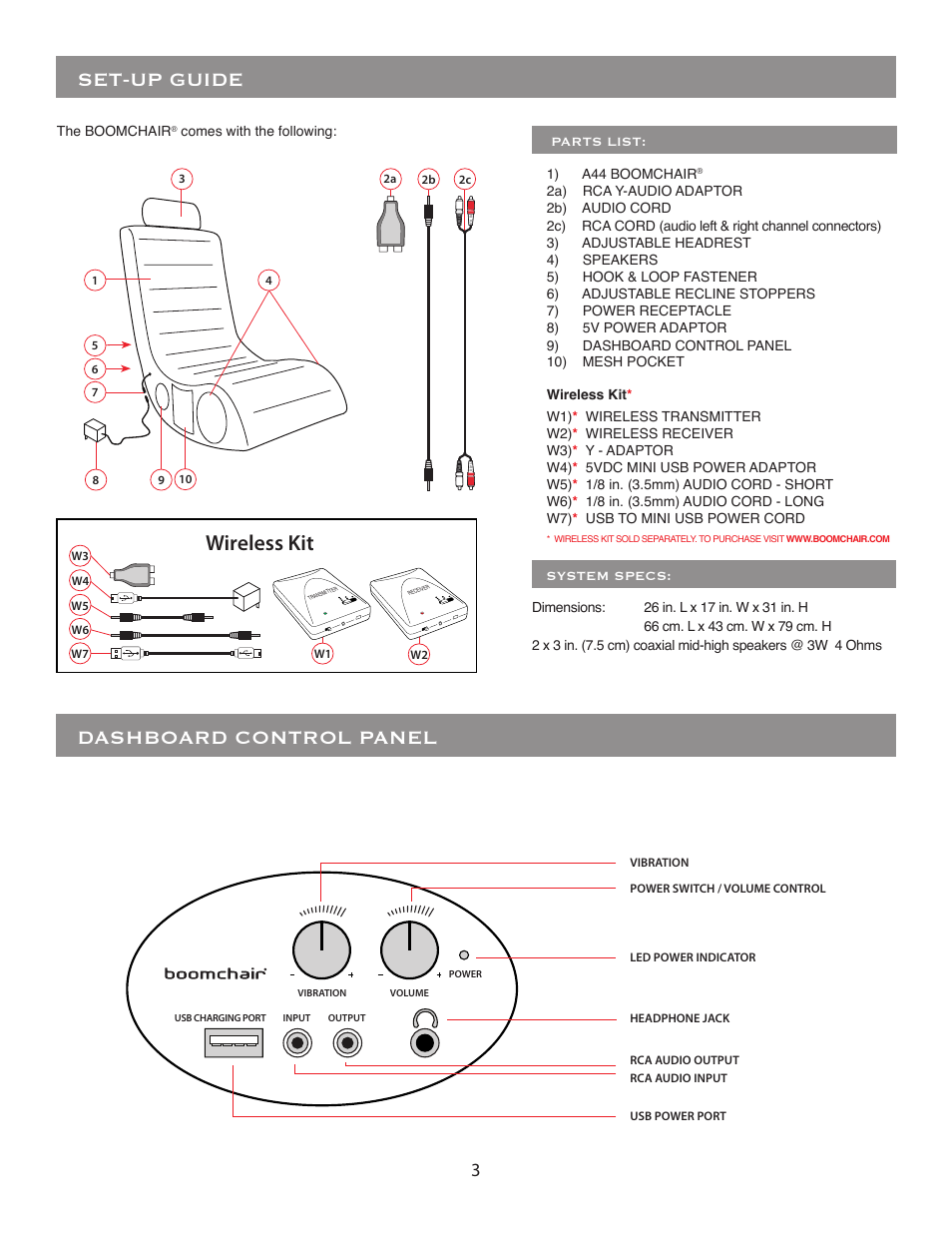 Set-up guide dashboard control panel, Wireless kit | BoomChair A44 - 2nd Generation User Manual | Page 3 / 8