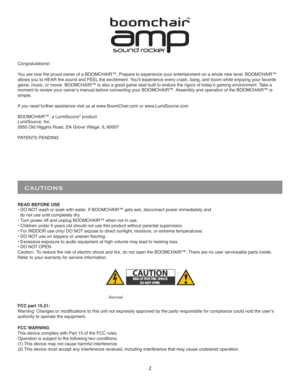 Cautions | BoomChair AMP User Manual | Page 2 / 8