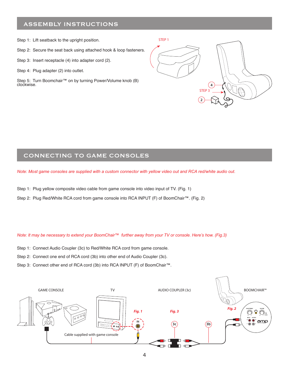 Connecting to game consoles, Assembly instructions | BoomChair AMP User Manual | Page 4 / 8