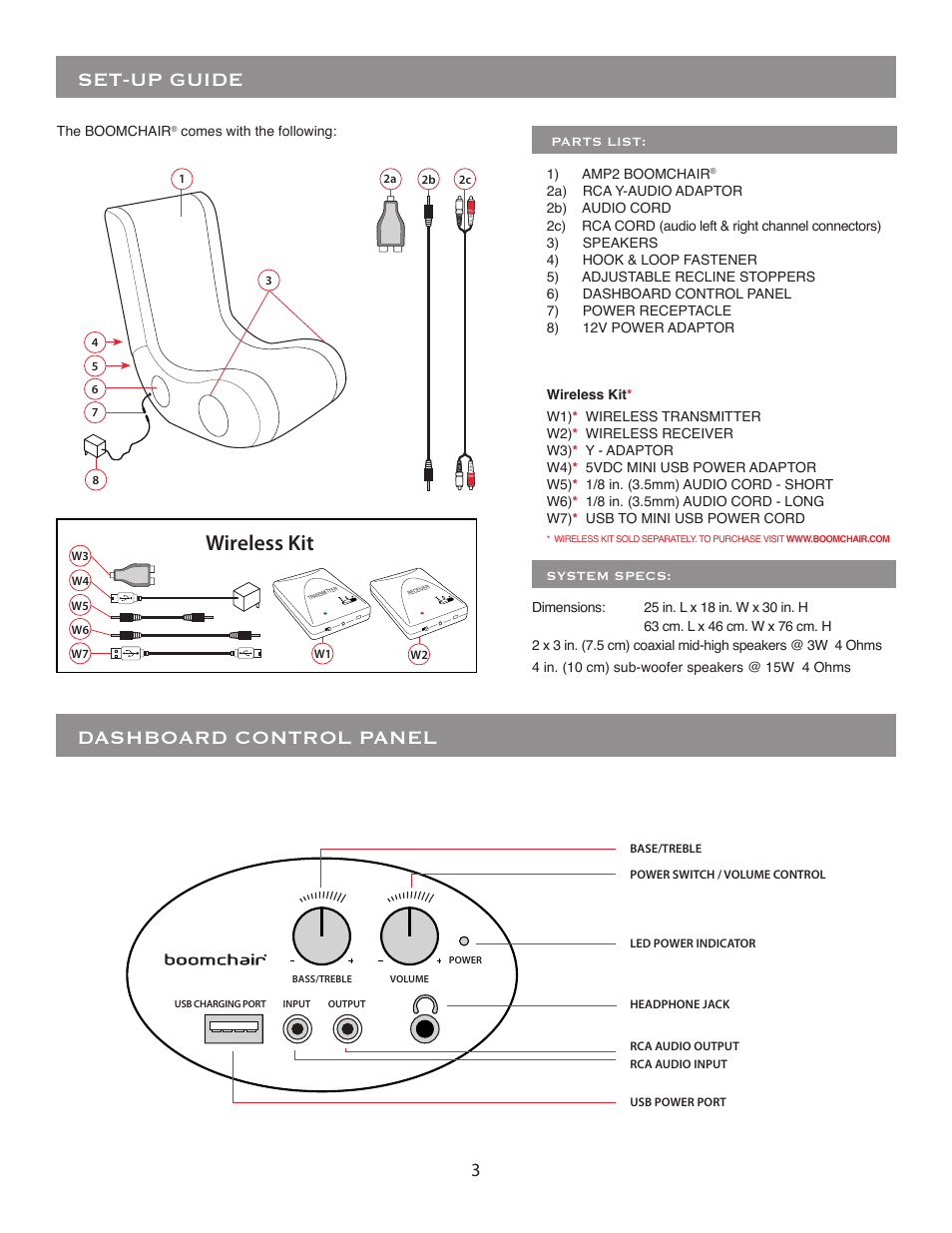 Set-up guide dashboard control panel, Wireless kit | BoomChair AMP2 User Manual | Page 3 / 8