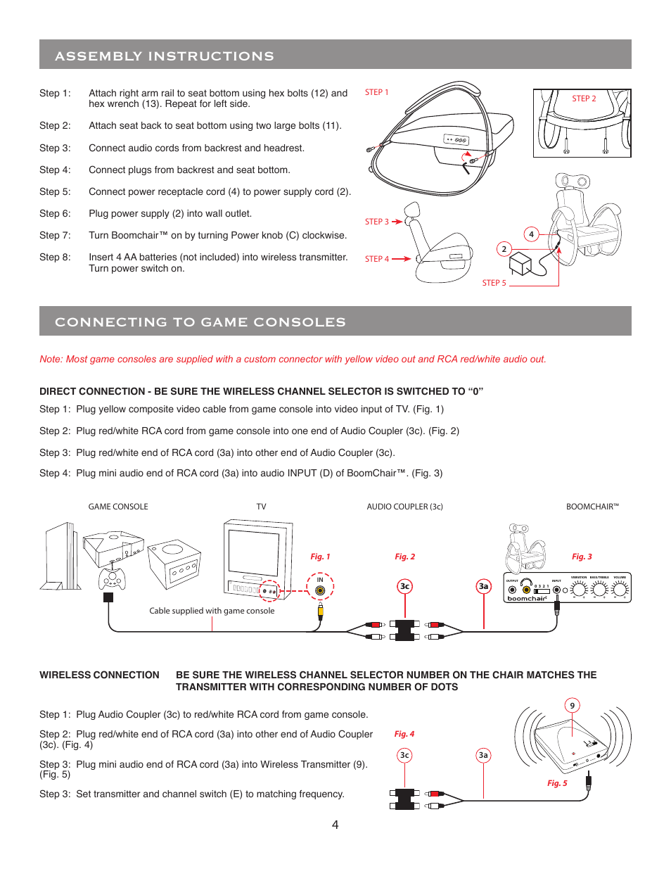 Connecting to game consoles, Assembly instructions | BoomChair ARC User Manual | Page 4 / 8