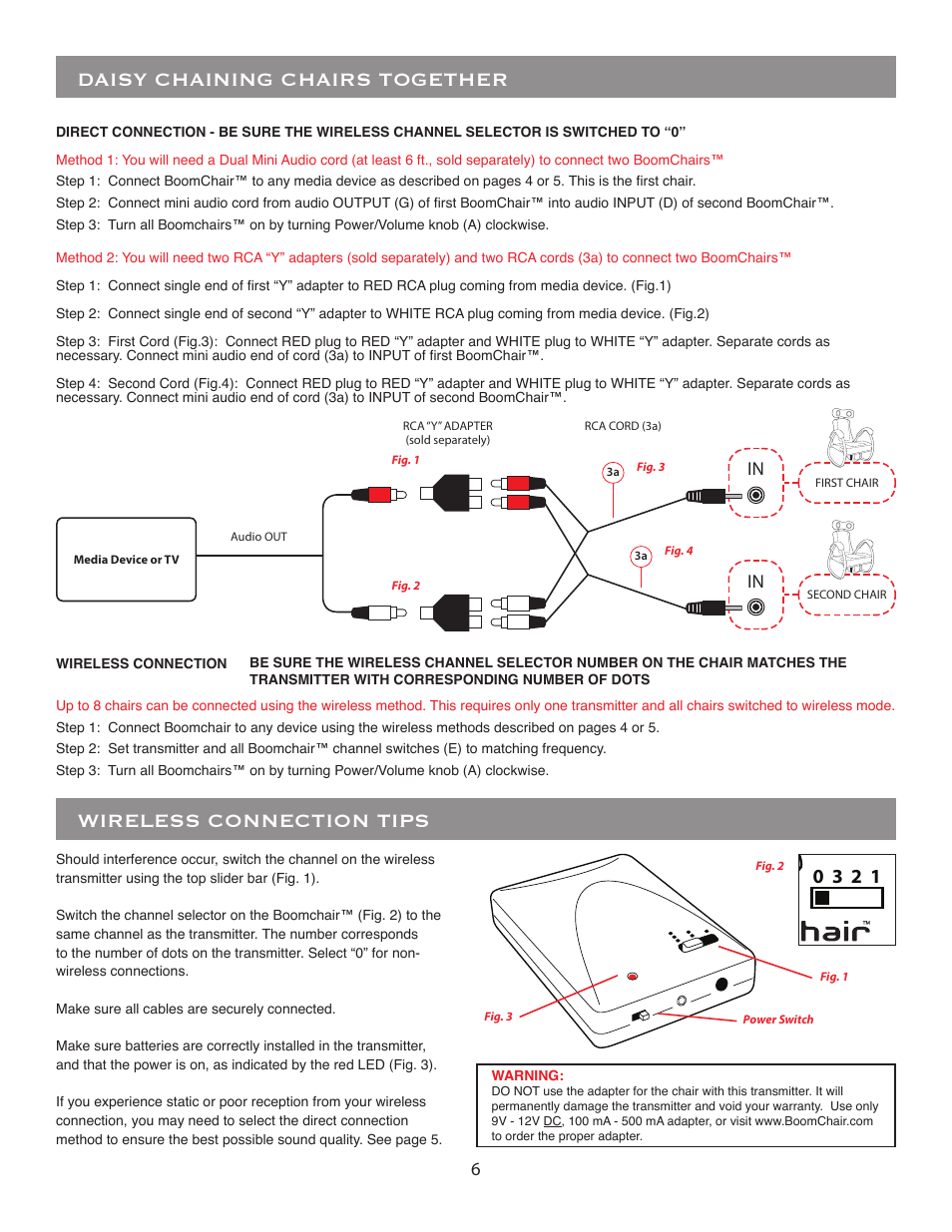 Daisy chaining chairs together, Wireless connection tips | BoomChair ARC User Manual | Page 6 / 8