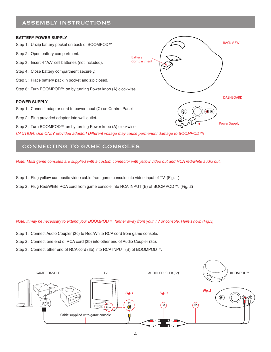 Connecting to game consoles, Assembly instructions | BoomChair BoomPod - with Adapter User Manual | Page 4 / 8
