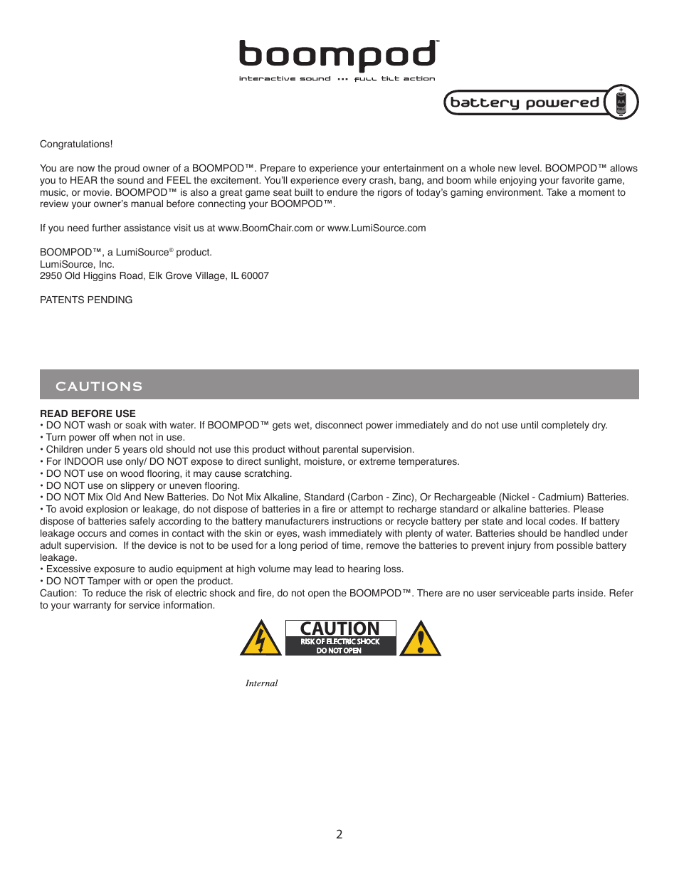 Cautions | BoomChair BoomPod - Standard User Manual | Page 2 / 8
