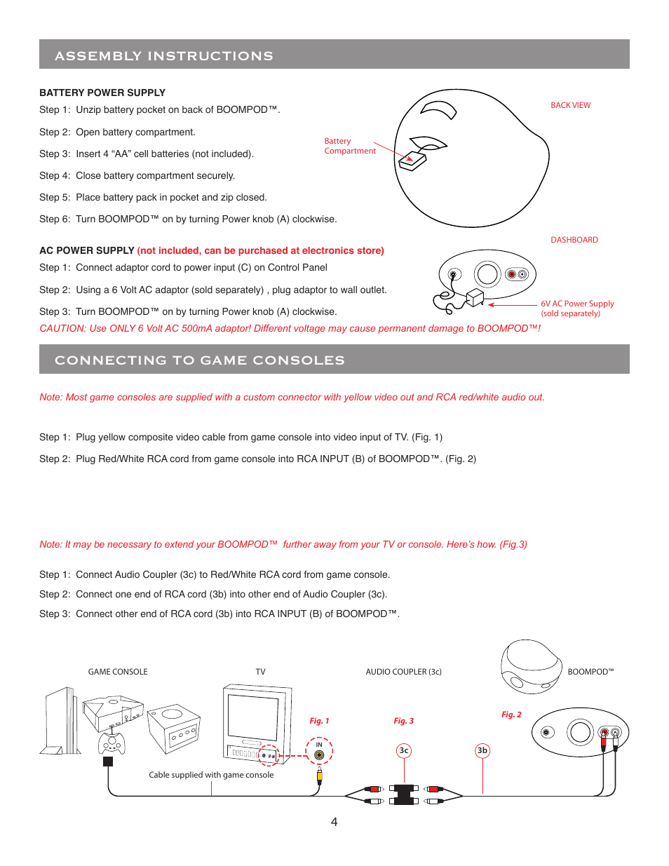 Connecting to game consoles, Assembly instructions | BoomChair BoomPod - Standard User Manual | Page 4 / 8