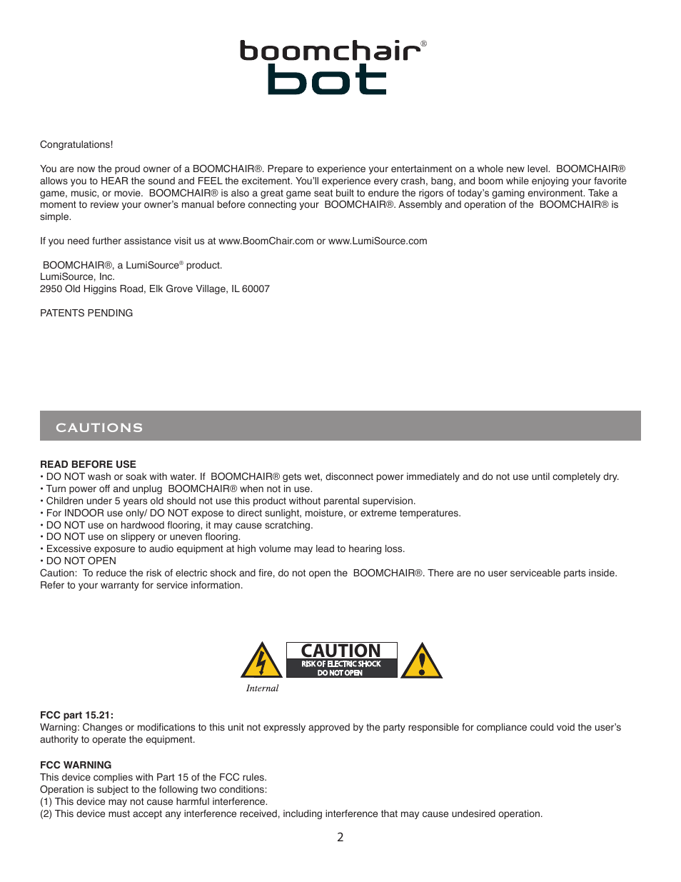 Caution, Cautions | BoomChair Bot - Standard User Manual | Page 2 / 8