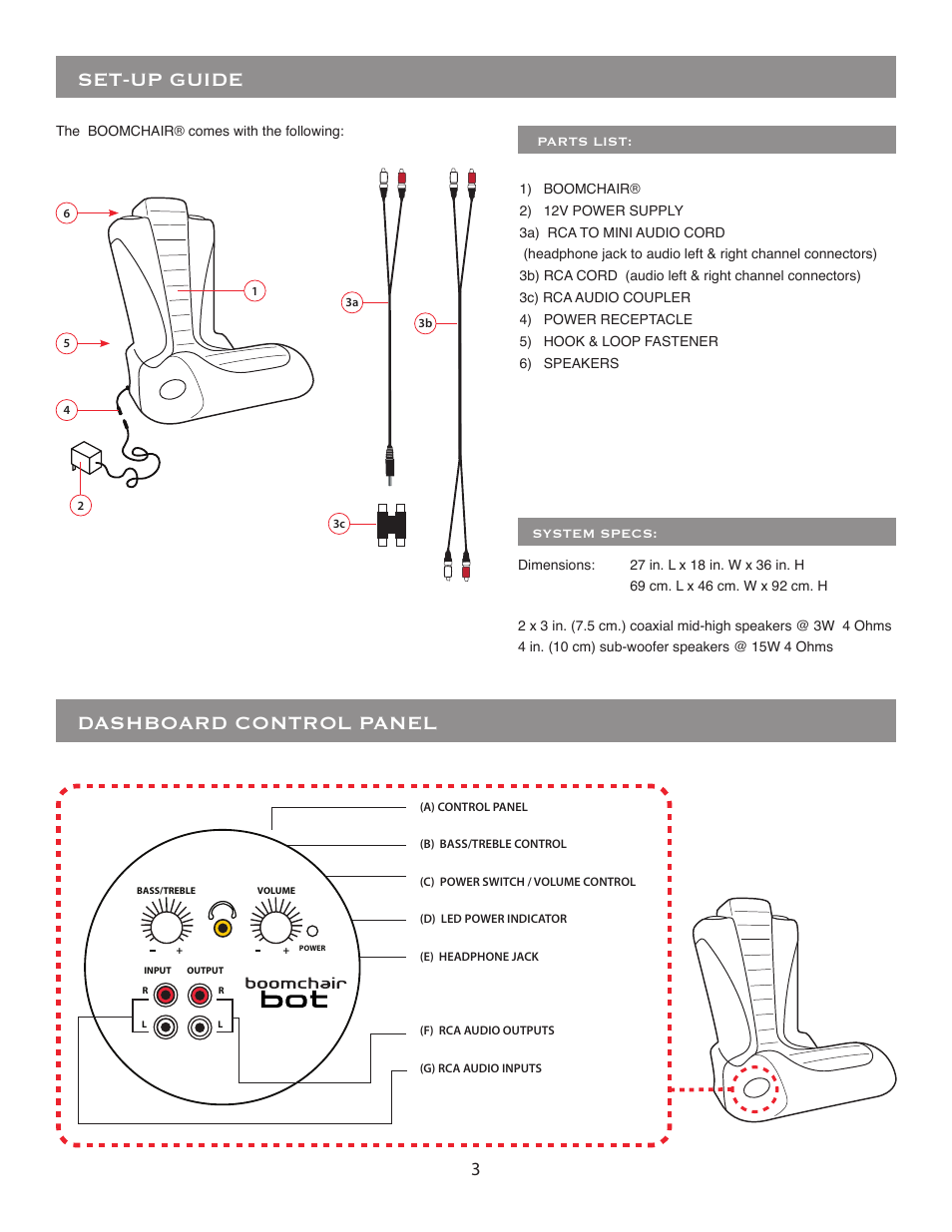 Set-up guide, Dashboard control panel | BoomChair Bot - Standard User Manual | Page 3 / 8