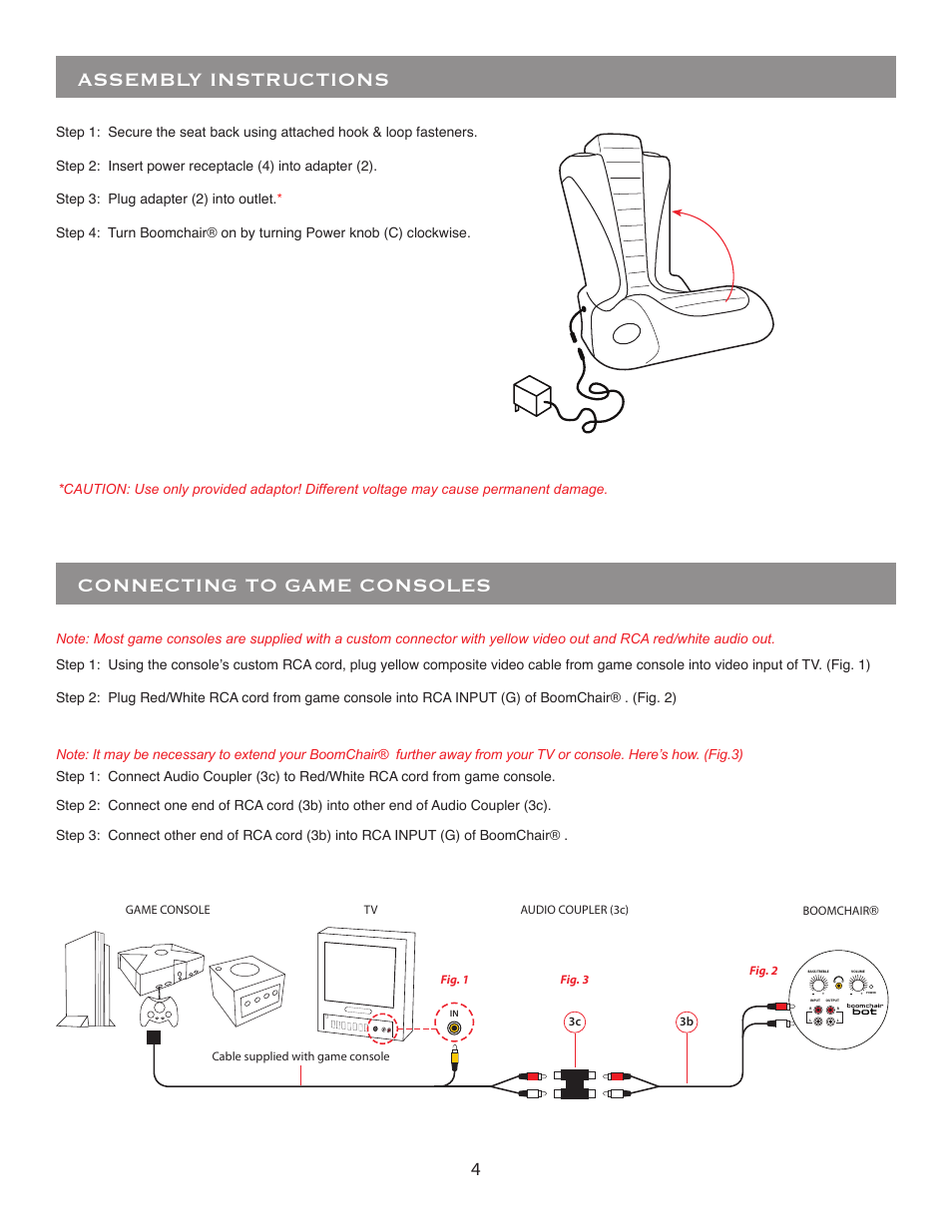 Assembly instructions connecting to game consoles | BoomChair Bot - Standard User Manual | Page 4 / 8