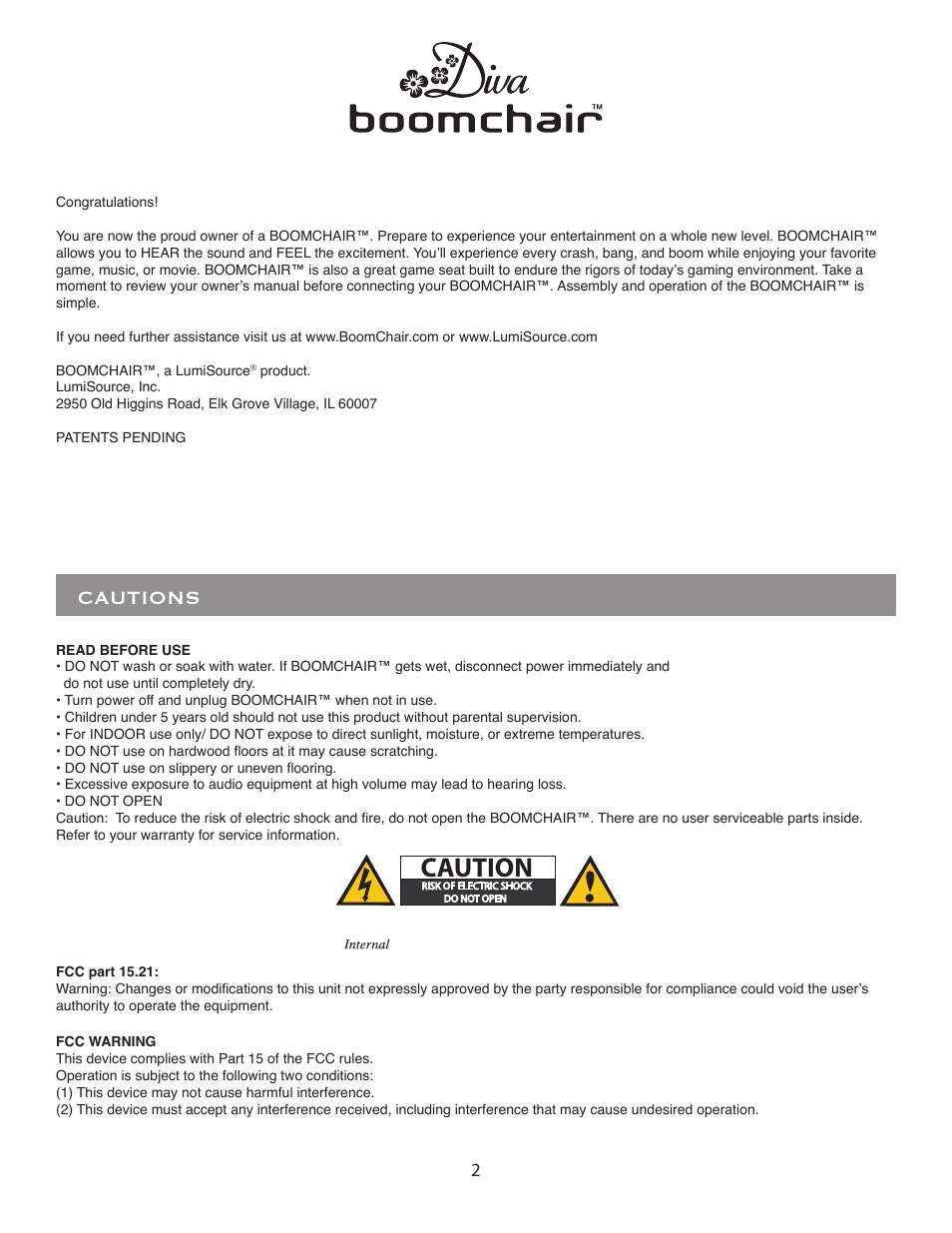 Cautions | BoomChair Diva User Manual | Page 2 / 8