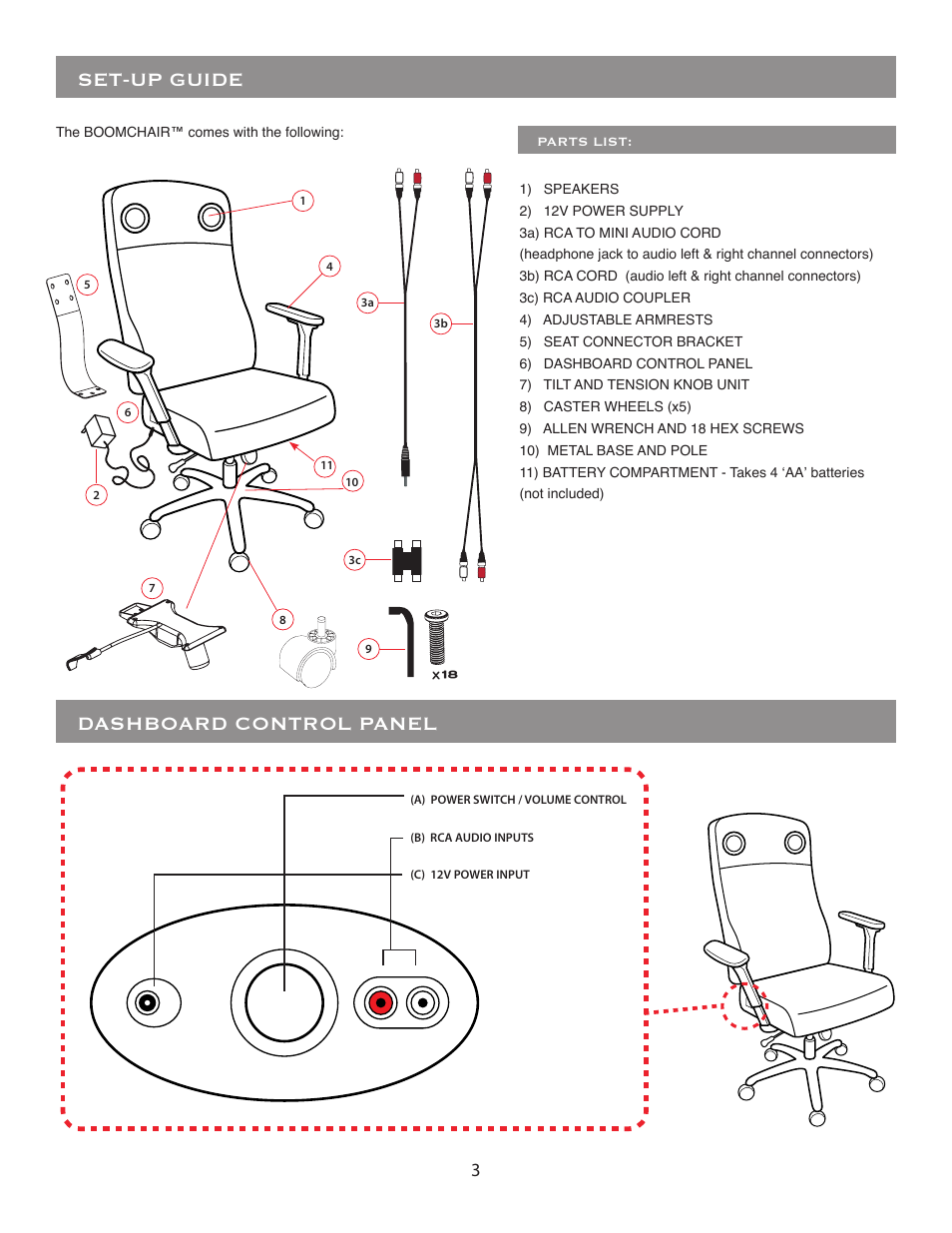 Set-up guide, Dashboard control panel | BoomChair Etec User Manual | Page 3 / 8