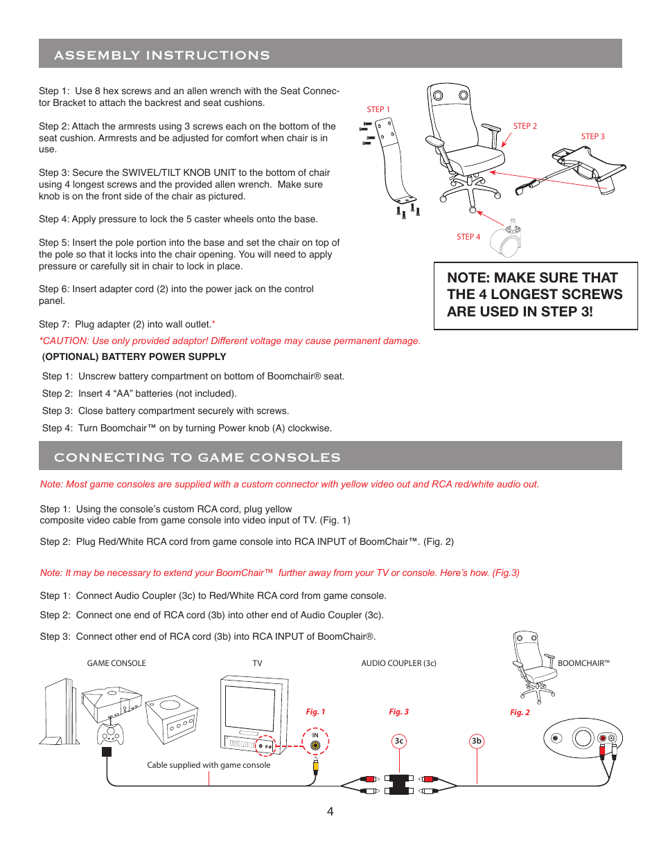 Assembly instructions, Connecting to game consoles | BoomChair Etec User Manual | Page 4 / 8