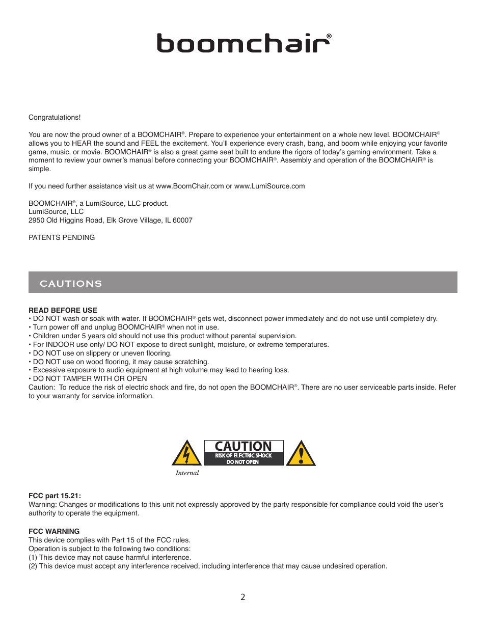Caution, Cautions | BoomChair Moto User Manual | Page 2 / 8