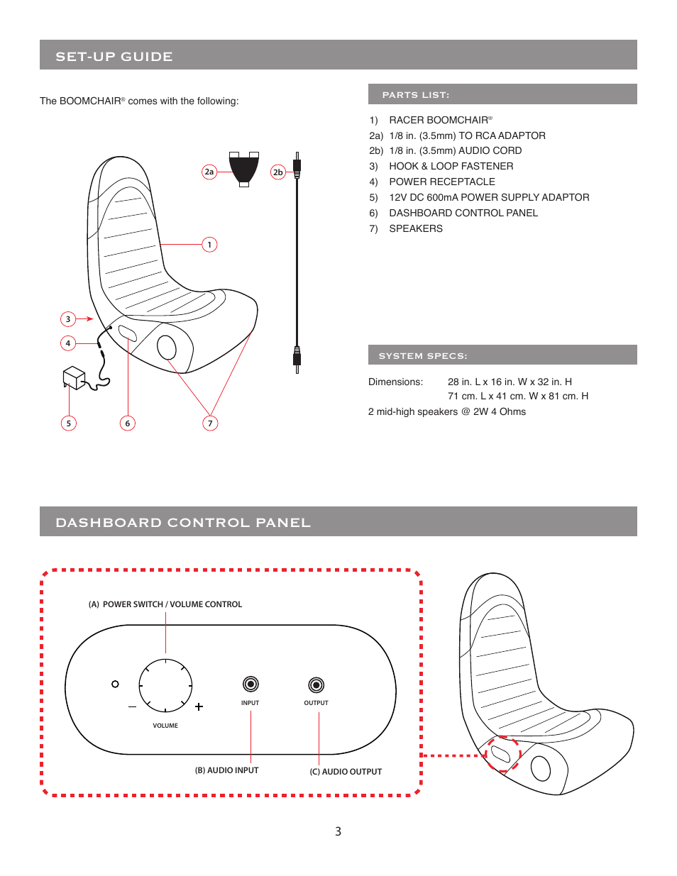 Set-up guide, Dashboard control panel | BoomChair Moto User Manual | Page 3 / 8