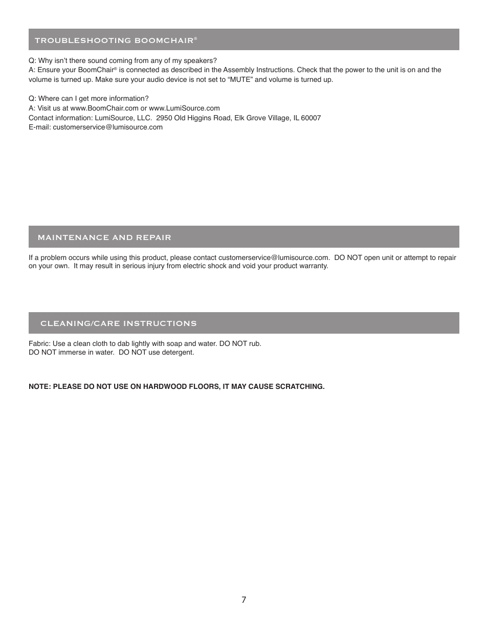 7cleaning/care instructions, Maintenance and repair, Troubleshooting boomchair | BoomChair Moto User Manual | Page 7 / 8