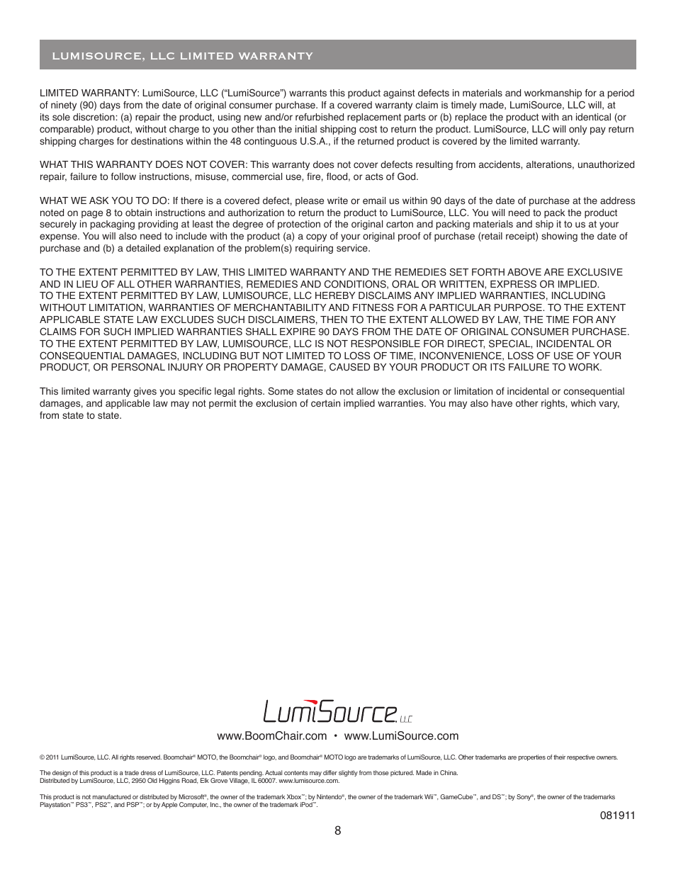 Lumisource, llc limited warranty | BoomChair Moto User Manual | Page 8 / 8