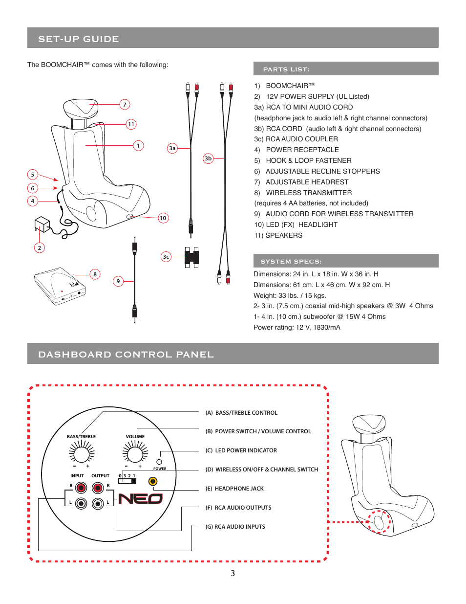 Set-up guide, Dashboard control panel | BoomChair NEO - Wireless User Manual | Page 3 / 8