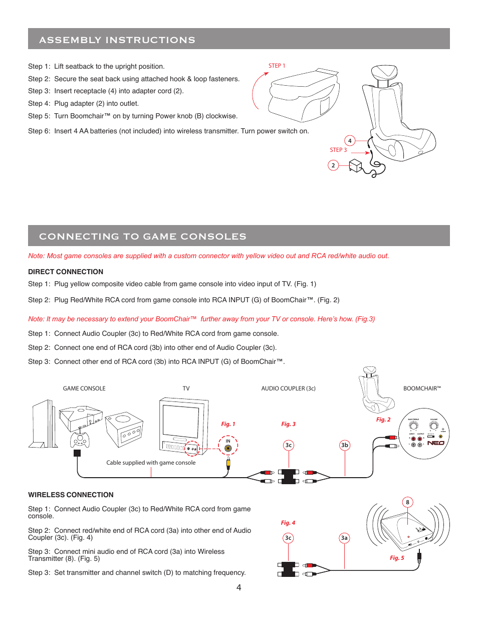 Connecting to game consoles, Assembly instructions | BoomChair NEO - Wireless User Manual | Page 4 / 8