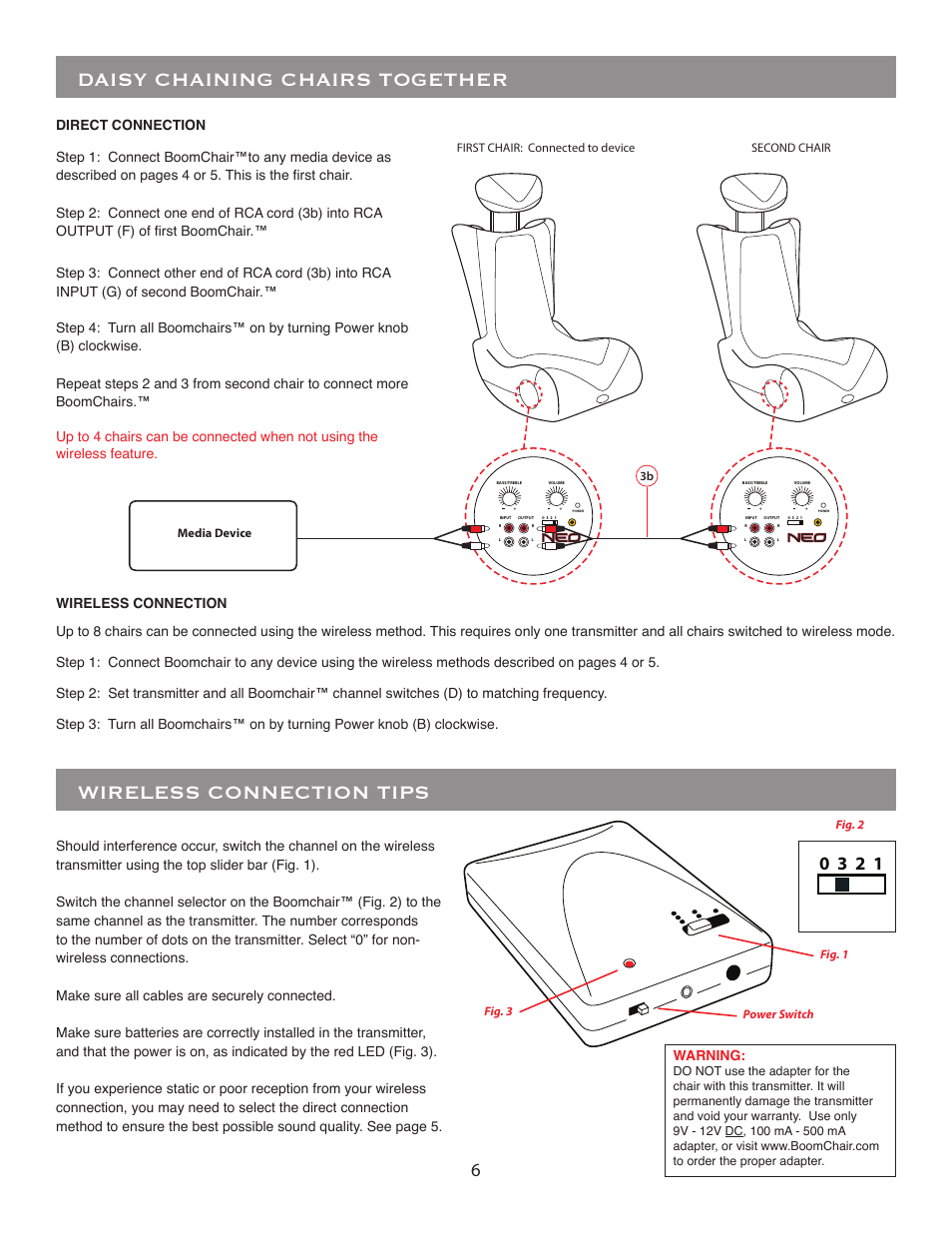 Daisy chaining chairs together, Wireless connection tips, Volume | BoomChair NEO - Wireless User Manual | Page 6 / 8