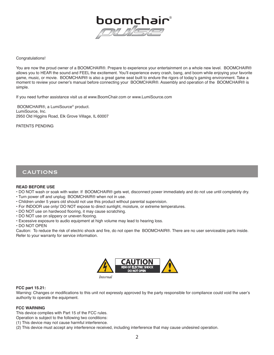 Caution, Cautions | BoomChair Pulse - 1st Generation BoomChair - Standard User Manual | Page 2 / 8