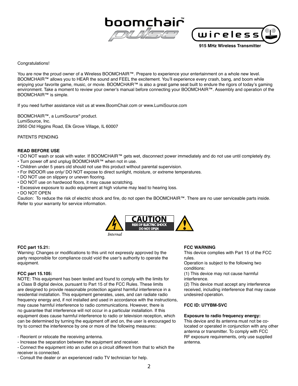 Caution | BoomChair Pulse - 1st Generation BoomChair - Wireless User Manual | Page 2 / 8