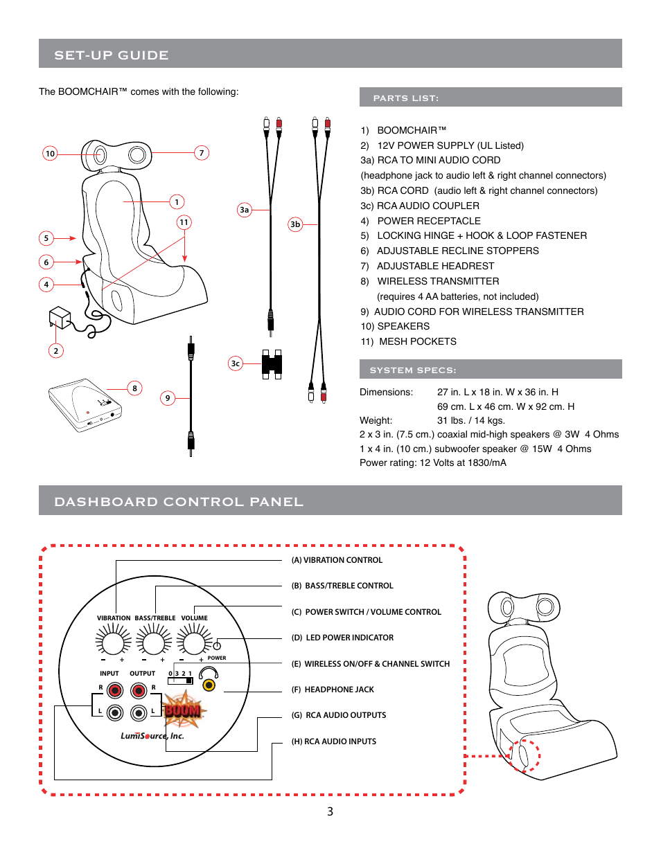 Set-up guide, Dashboard control panel | BoomChair Pulse - 1st Generation BoomChair - Wireless User Manual | Page 3 / 8