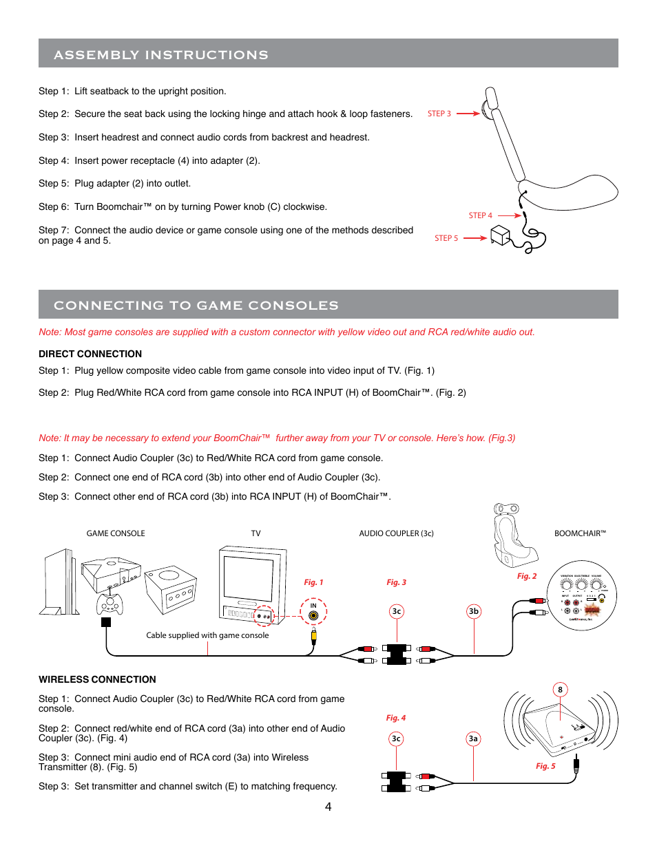 Connecting to game consoles, Assembly instructions | BoomChair Pulse - 1st Generation BoomChair - Wireless User Manual | Page 4 / 8