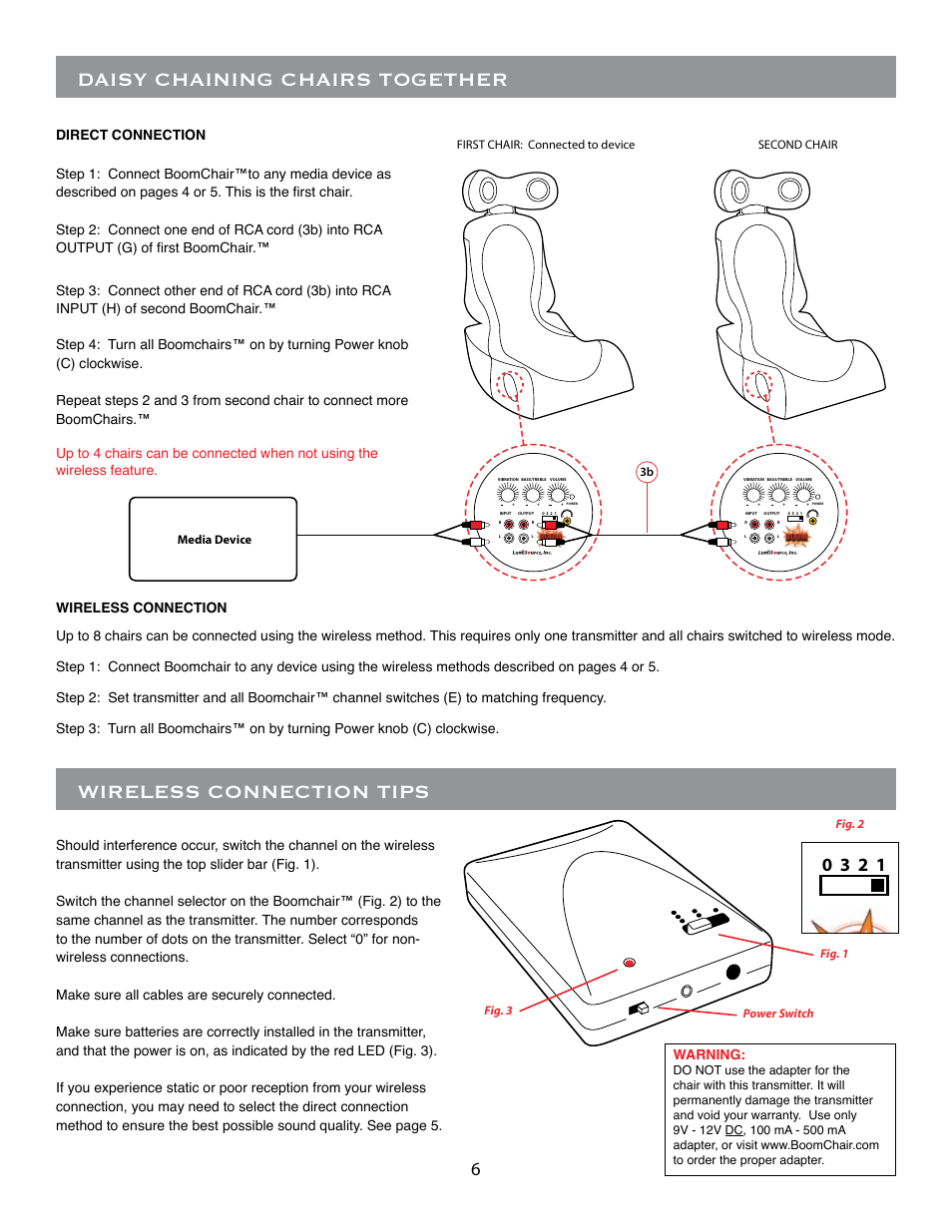 Daisy chaining chairs together, Wireless connection tips, Bass/treble | Volume, Power | BoomChair Pulse - 1st Generation BoomChair - Wireless User Manual | Page 6 / 8