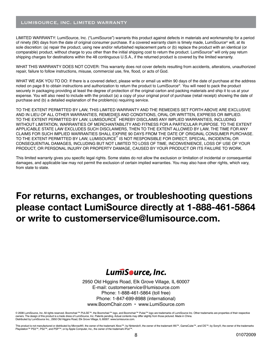 Lumisource, inc. limited warranty | BoomChair Pulse - 1st Generation BoomChair - Wireless User Manual | Page 8 / 8