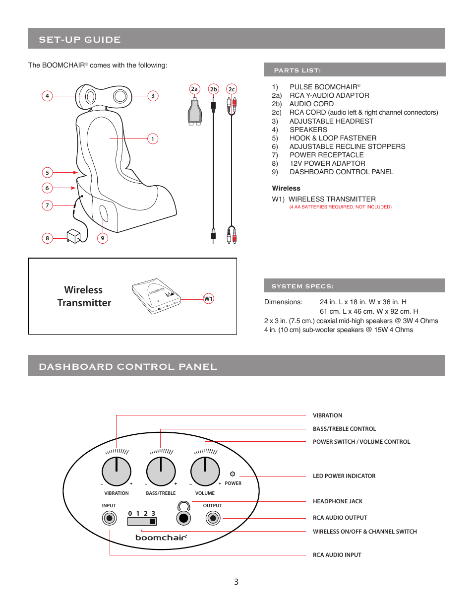 Set-up guide dashboard control panel, Wireless transmitter | BoomChair Pulse - 2nd Generation User Manual | Page 3 / 8