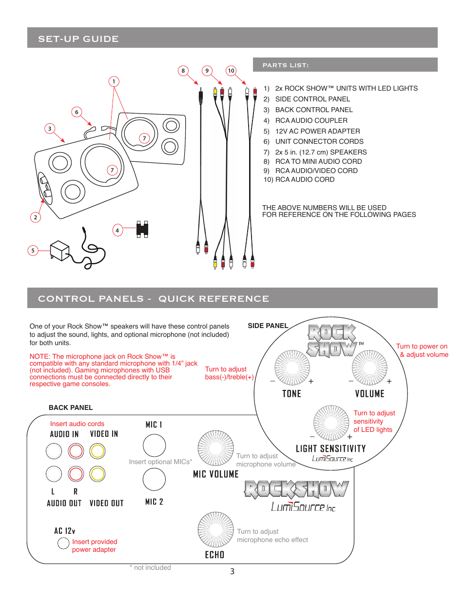 Set-up guide, Control panels - quick reference | BoomChair Rock Show Venue - No Mic User Manual | Page 3 / 8