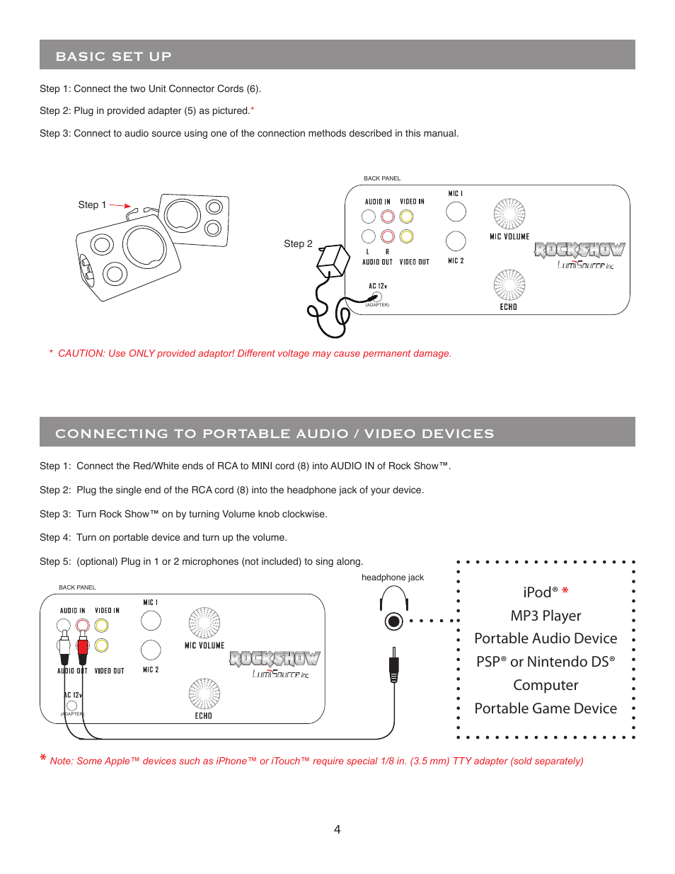 Connecting to portable audio / video devices, Basic set up | BoomChair Rock Show Venue - No Mic User Manual | Page 4 / 8