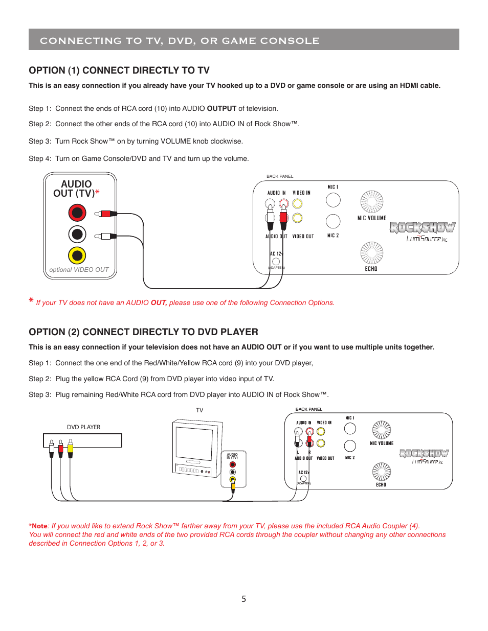 Connecting to tv, dvd, or game console, Audio out (tv), Option (1) connect directly to tv | Option (2) connect directly to dvd player | BoomChair Rock Show Venue - No Mic User Manual | Page 5 / 8