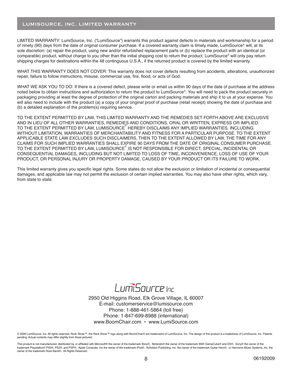 Lumisource, inc. limited warranty | BoomChair Rock Show Venue - No Mic User Manual | Page 8 / 8