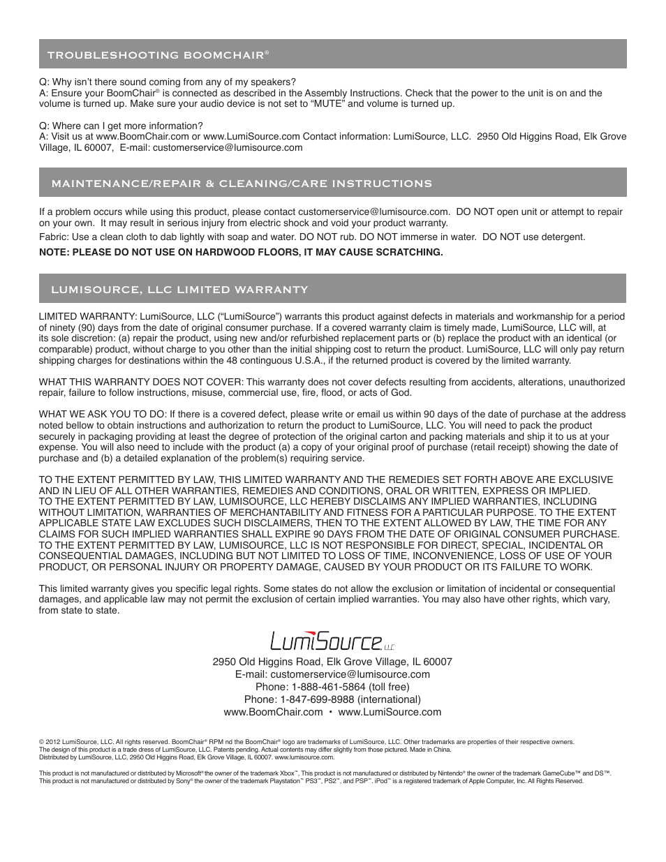 Maintenance/repair & cleaning/care instructions, Troubleshooting boomchair, Lumisource, llc limited warranty | BoomChair RPM User Manual | Page 8 / 8