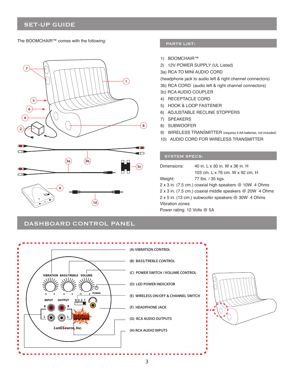 Set-up guide, Dashboard control panel | BoomChair Rumble Seat User Manual | Page 3 / 8