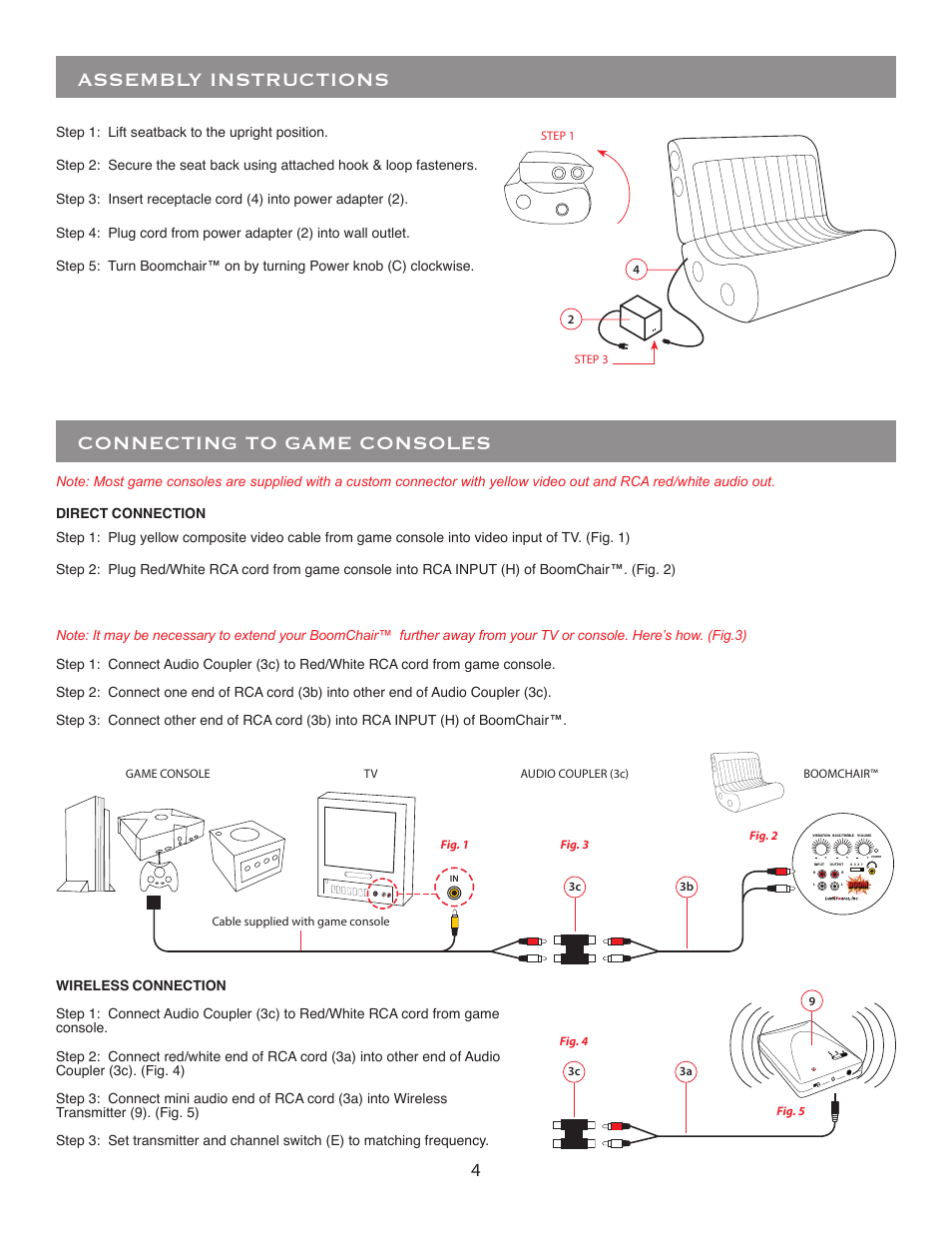 Connecting to game consoles, Assembly instructions | BoomChair Rumble Seat User Manual | Page 4 / 8