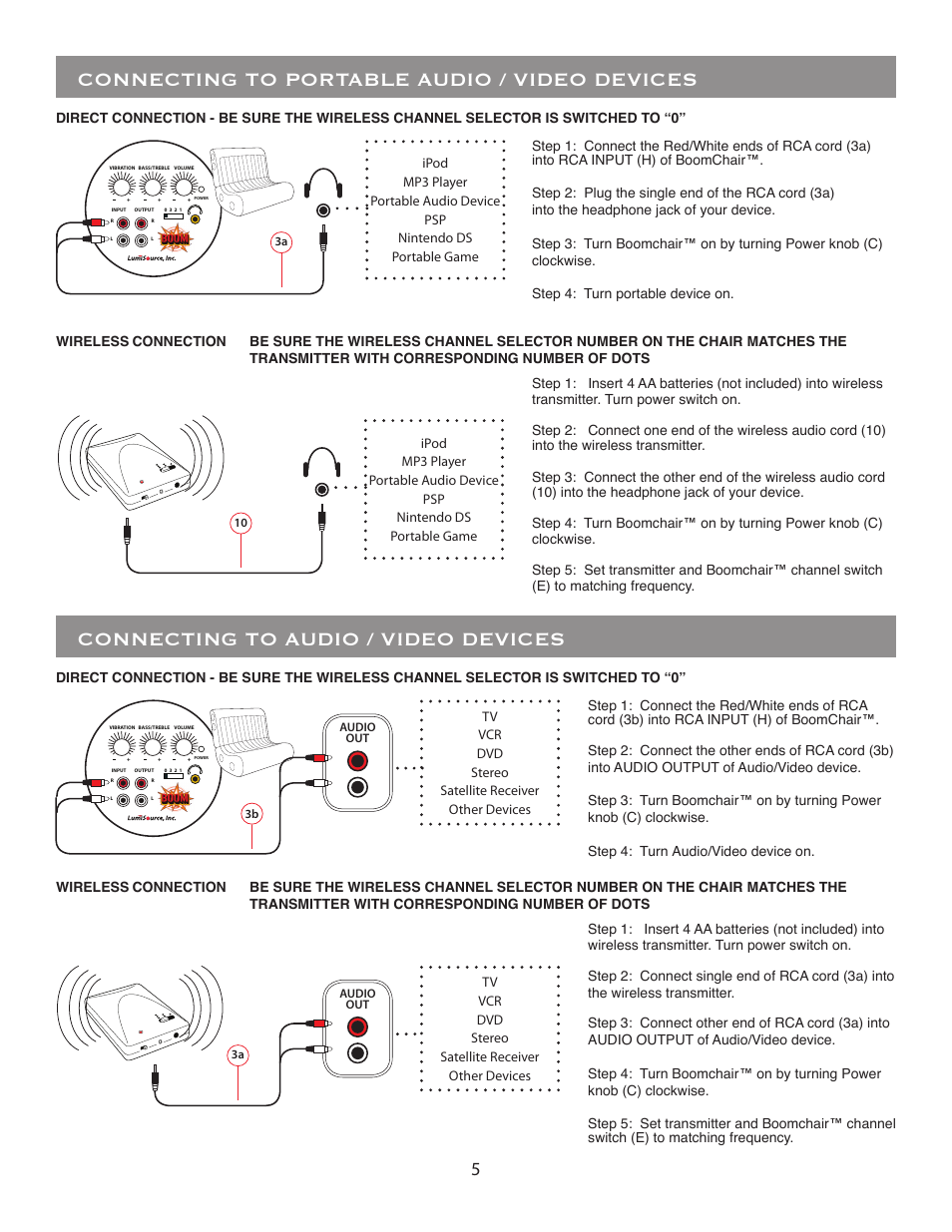 Connecting to portable audio / video devices, Connecting to audio / video devices | BoomChair Rumble Seat User Manual | Page 5 / 8