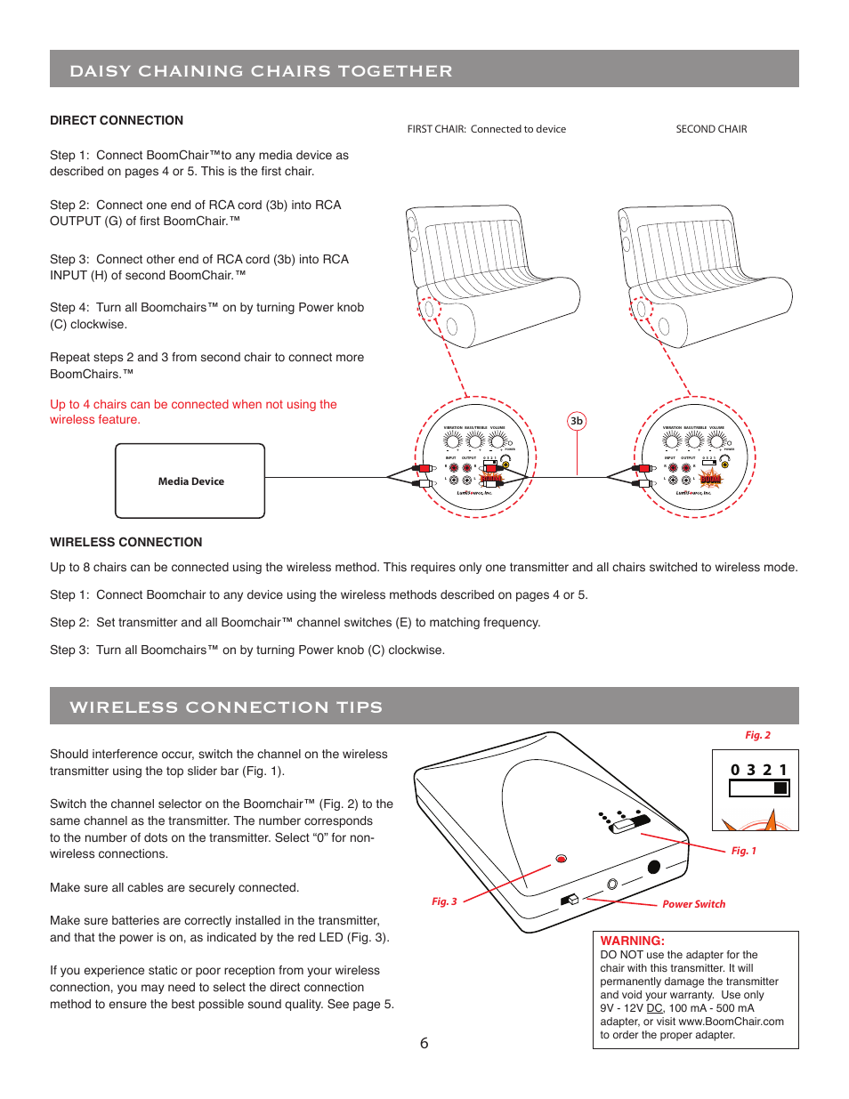 Daisy chaining chairs together, Wireless connection tips, Bass/treble | Volume, Power | BoomChair Rumble Seat User Manual | Page 6 / 8
