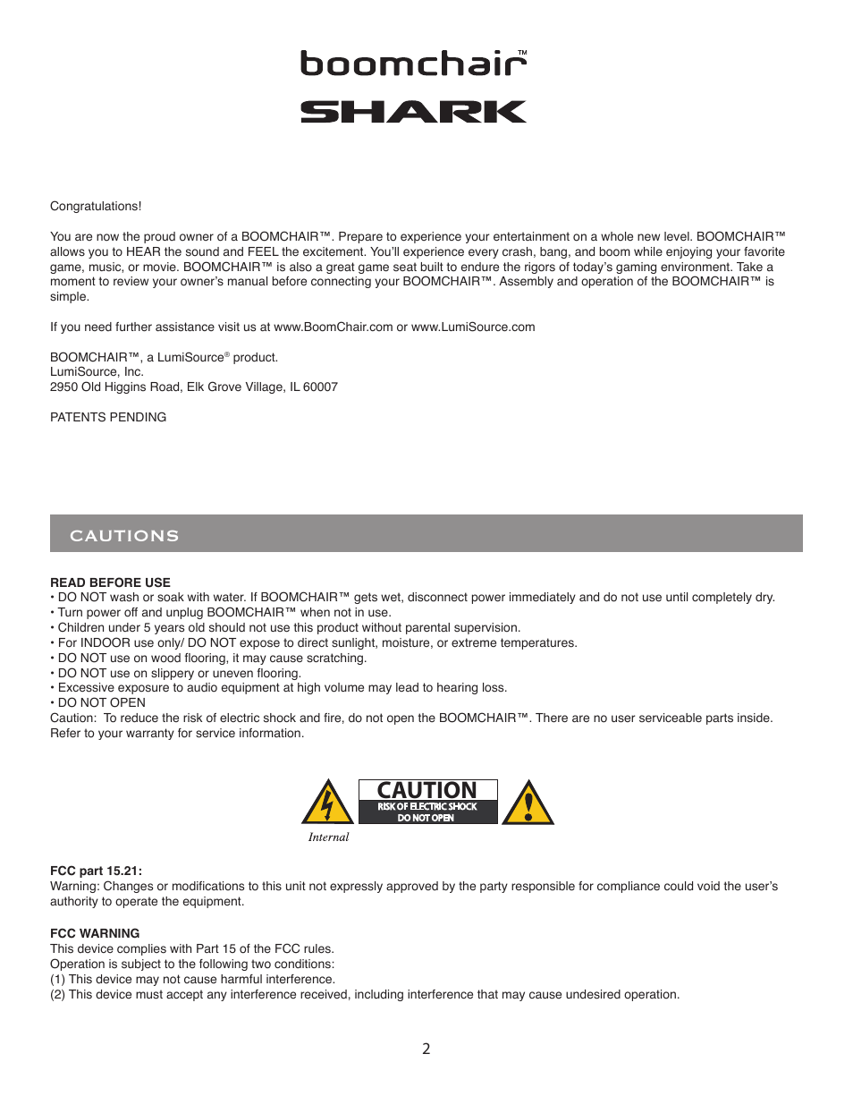 Cautions | BoomChair Shark User Manual | Page 2 / 8