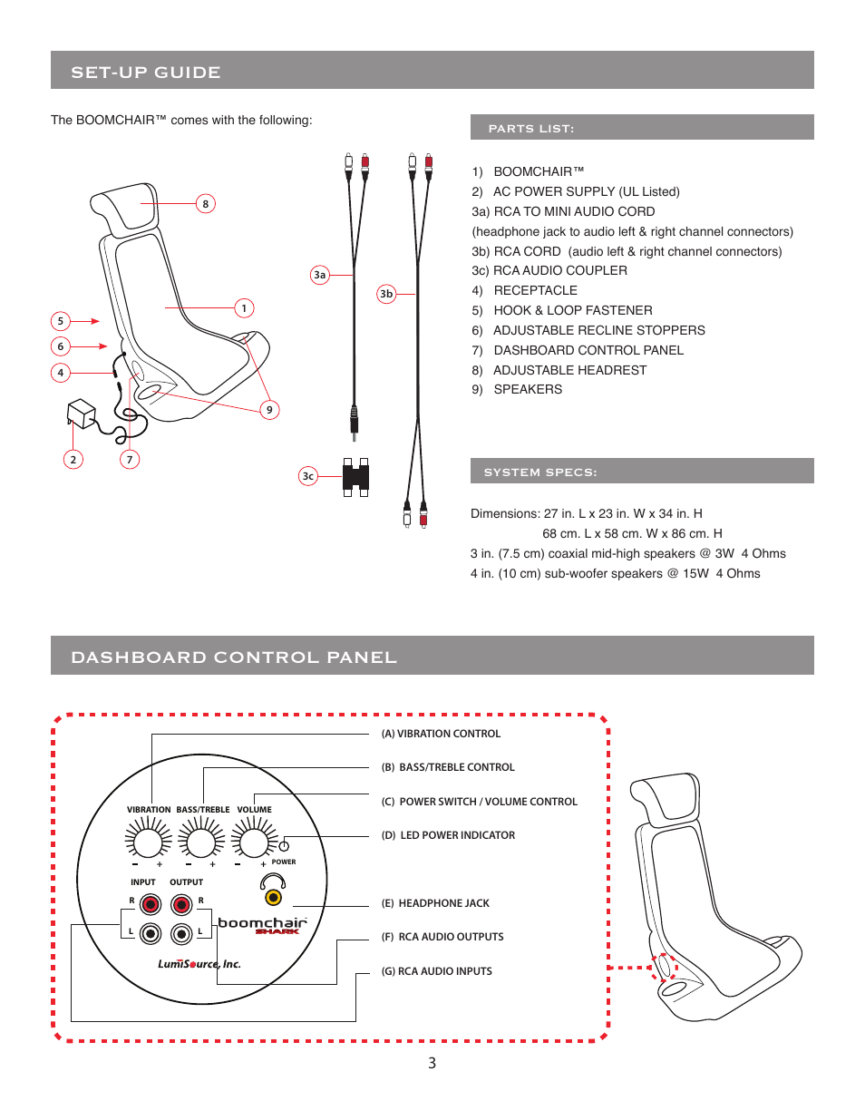 Set-up guide, Dashboard control panel | BoomChair Shark User Manual | Page 3 / 8