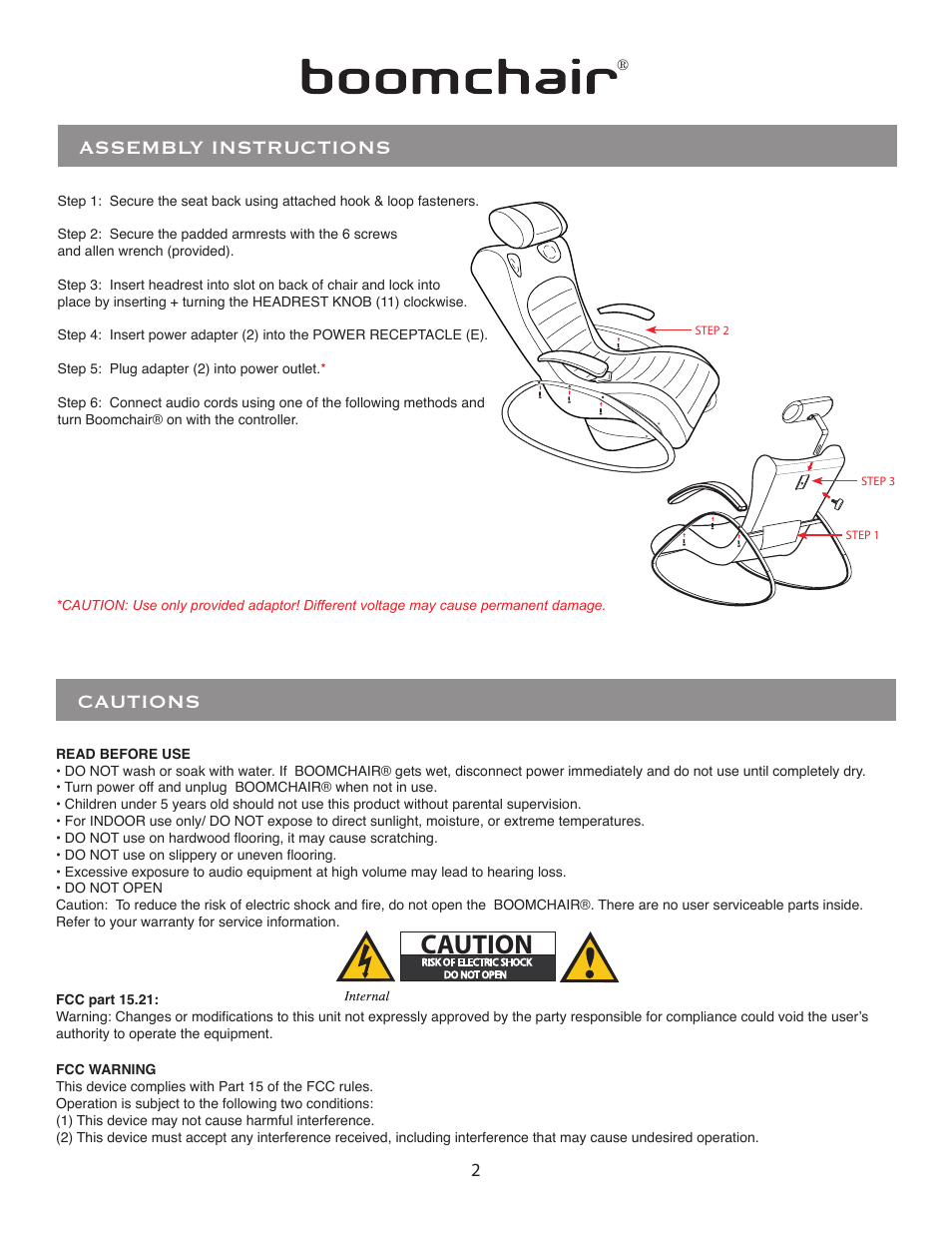 Caution, Cautions, Assembly instructions | BoomChair Sky Lounger - Standard User Manual | Page 2 / 5