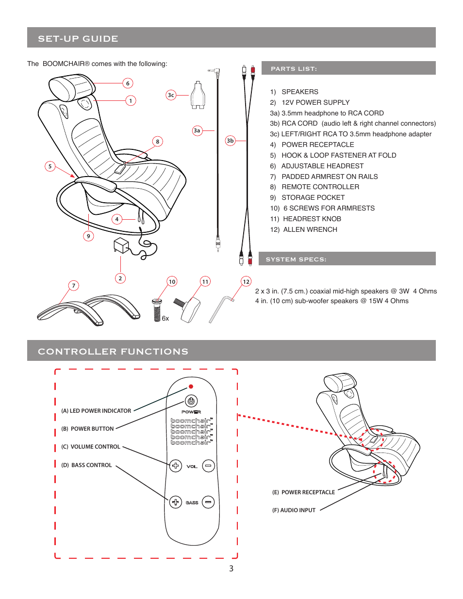 Set-up guide, Controller functions | BoomChair Sky Lounger - Standard User Manual | Page 3 / 5