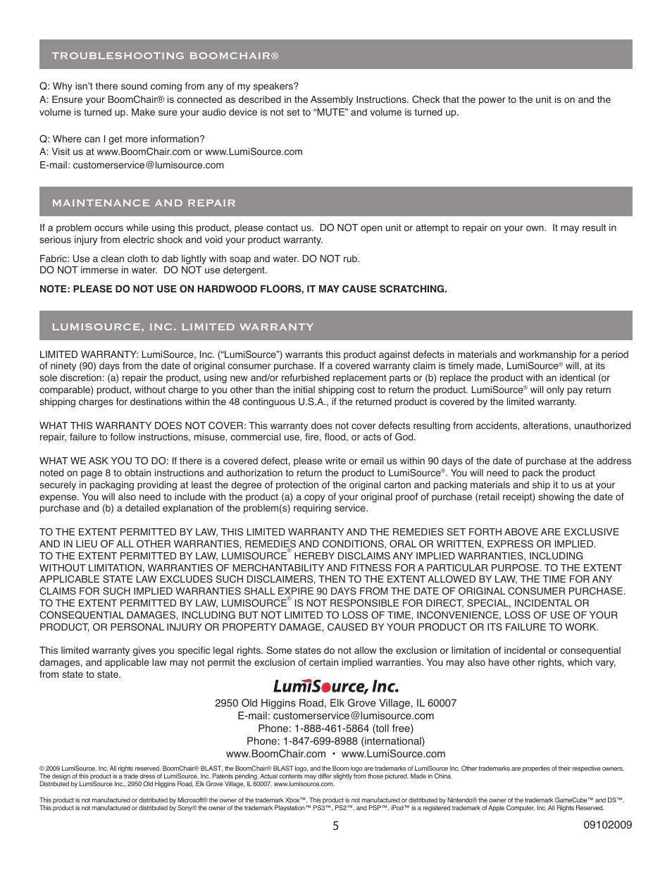 Lumisource, inc. limited warranty, Maintenance and repair, Troubleshooting boomchair | BoomChair Sky Lounger - Standard User Manual | Page 5 / 5