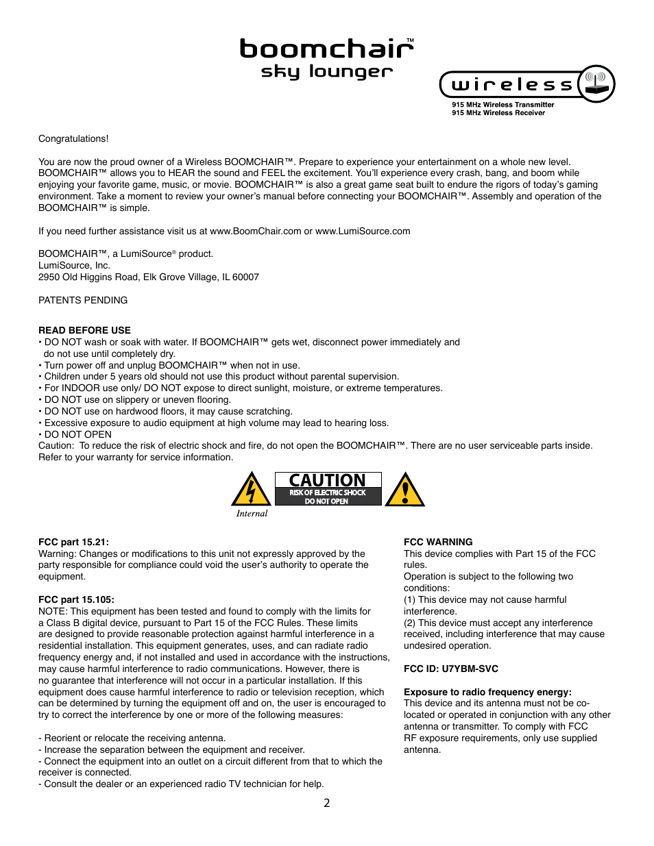 Caution, Sky lounger | BoomChair Sky Lounger - Wireless User Manual | Page 2 / 8