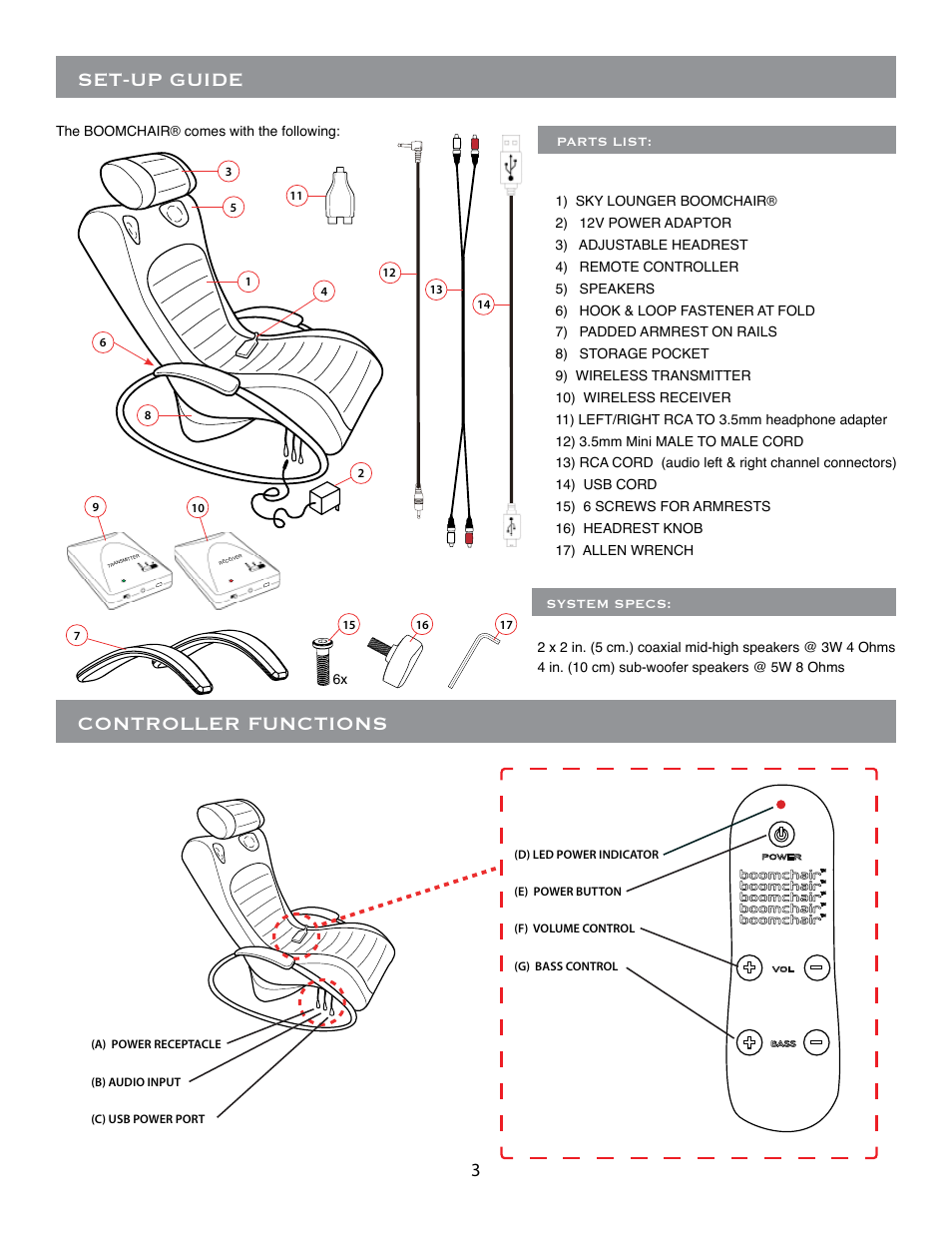 Set-up guide, Controller functions | BoomChair Sky Lounger - Wireless User Manual | Page 3 / 8