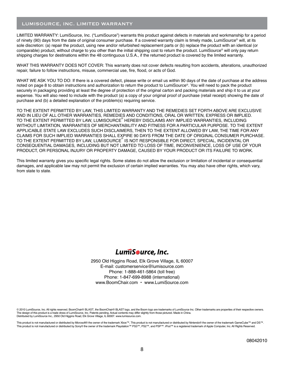 Lumisource, inc. limited warranty | BoomChair Sky Lounger - Wireless User Manual | Page 8 / 8