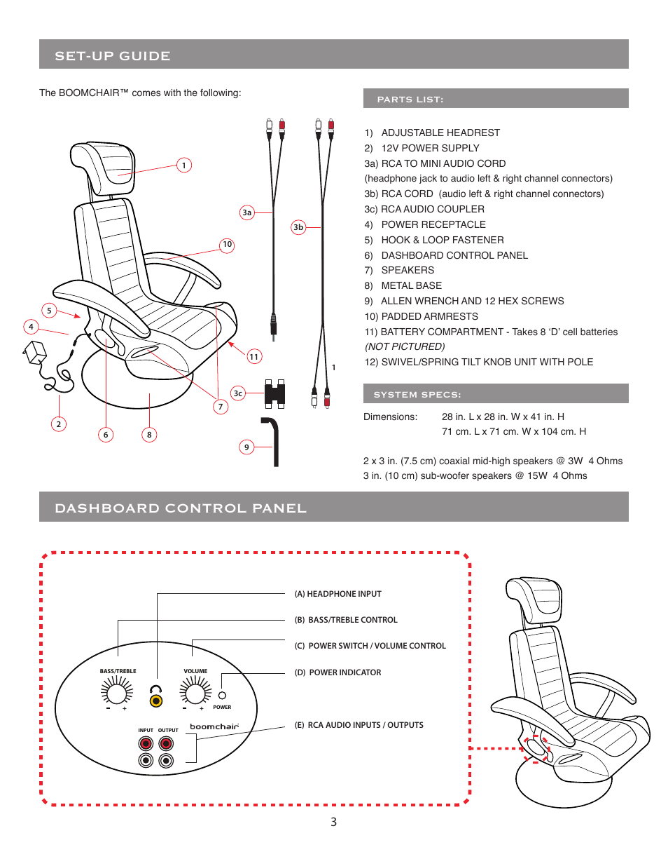 Set-up guide, Dashboard control panel | BoomChair Stealth - 1st Generation - Standard User Manual | Page 3 / 8