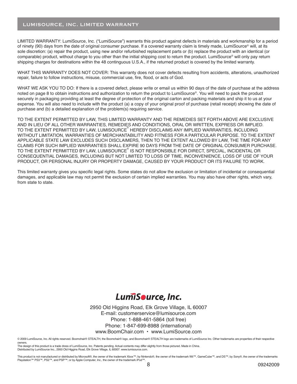 Lumisource, inc. limited warranty | BoomChair Stealth - 1st Generation - Standard User Manual | Page 8 / 8